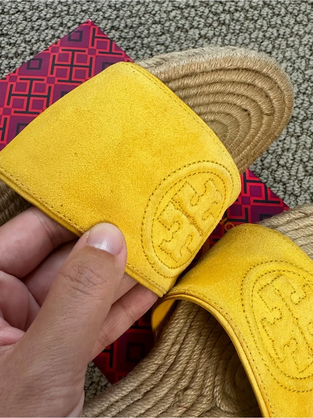 Tory Burch Yellow Suede Benton Espadrille Slide Sandals Size 7.5